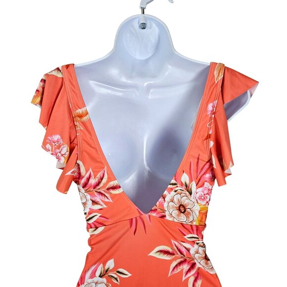 Womens Med Floral One Piece Swimsuit Ruffle Sleeves & Cutout Design V Neck Wrap - Picture 8 of 10